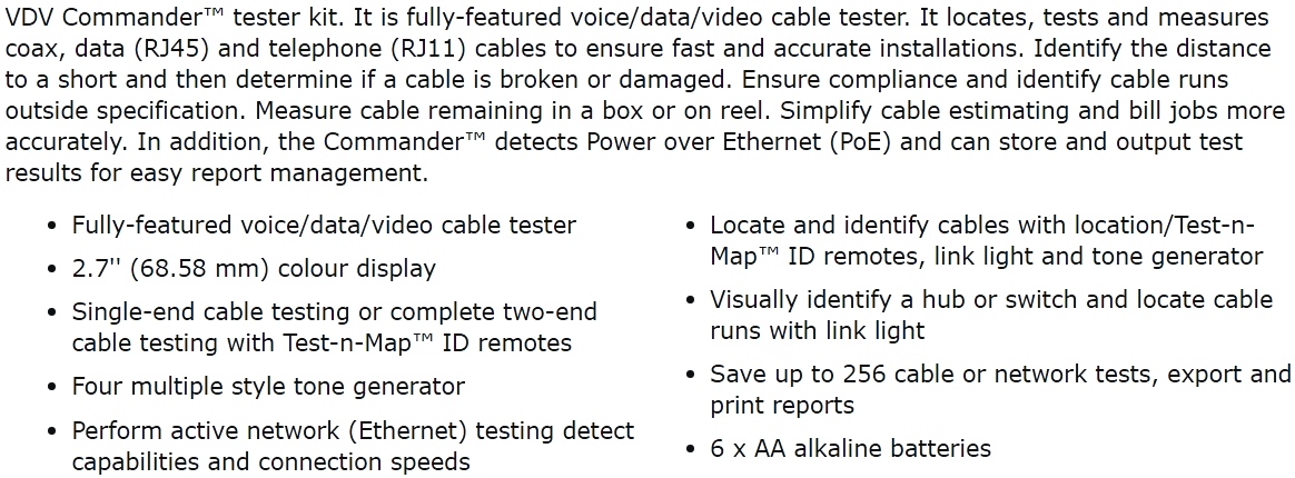 מכשיר בדיקה לכבלי תקשורת KLEIN TOOLS VDV COMMANDER SERIES VDV501-828 TEXT